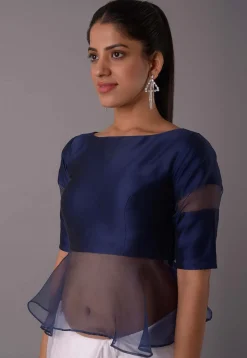 Solid Color Art Silk and Tissue Blouse in Navy Blue