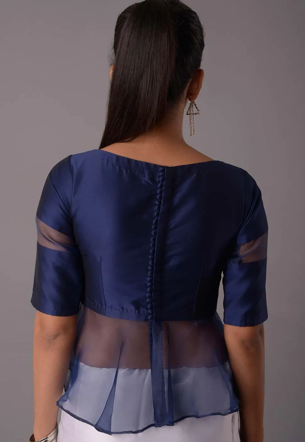 Solid Color Art Silk and Tissue Blouse in Navy Blue