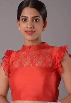 Solid Color Art Silk and Chantelle Net Blouse in Red