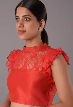 Solid Color Art Silk and Chantelle Net Blouse in Red