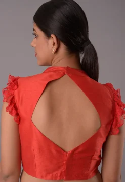 Solid Color Art Silk and Chantelle Net Blouse in Red