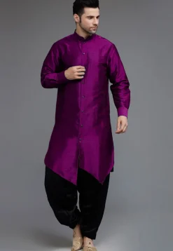 Solid Color Art Silk Asymmetric Kurta Set in Purple
