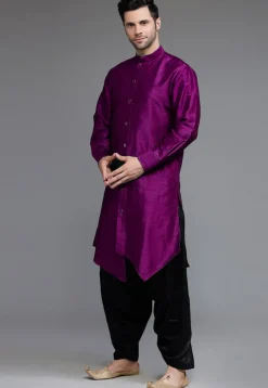 Solid Color Art Silk Asymmetric Kurta Set in Purple