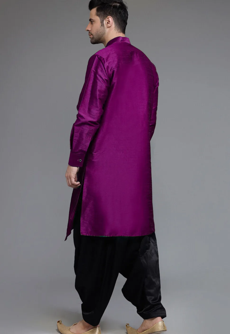 Solid Color Art Silk Asymmetric Kurta Set in Purple