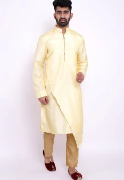 Solid Color Art Silk Asymmetric Kurta in Light Yellow