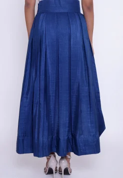 Solid Color Art Silk Asymmetric Pleated Skirt in Dark Blue