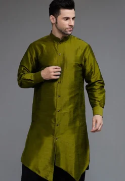Solid Color Art Silk Asymmetric Kurta Set in Olive Green