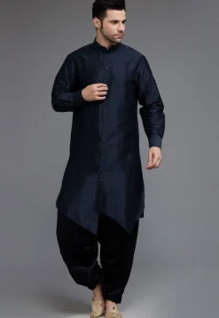 Solid Color Art Silk Asymmetric Kurta Set in Navy Blue