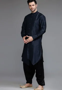 Solid Color Art Silk Asymmetric Kurta Set in Navy Blue