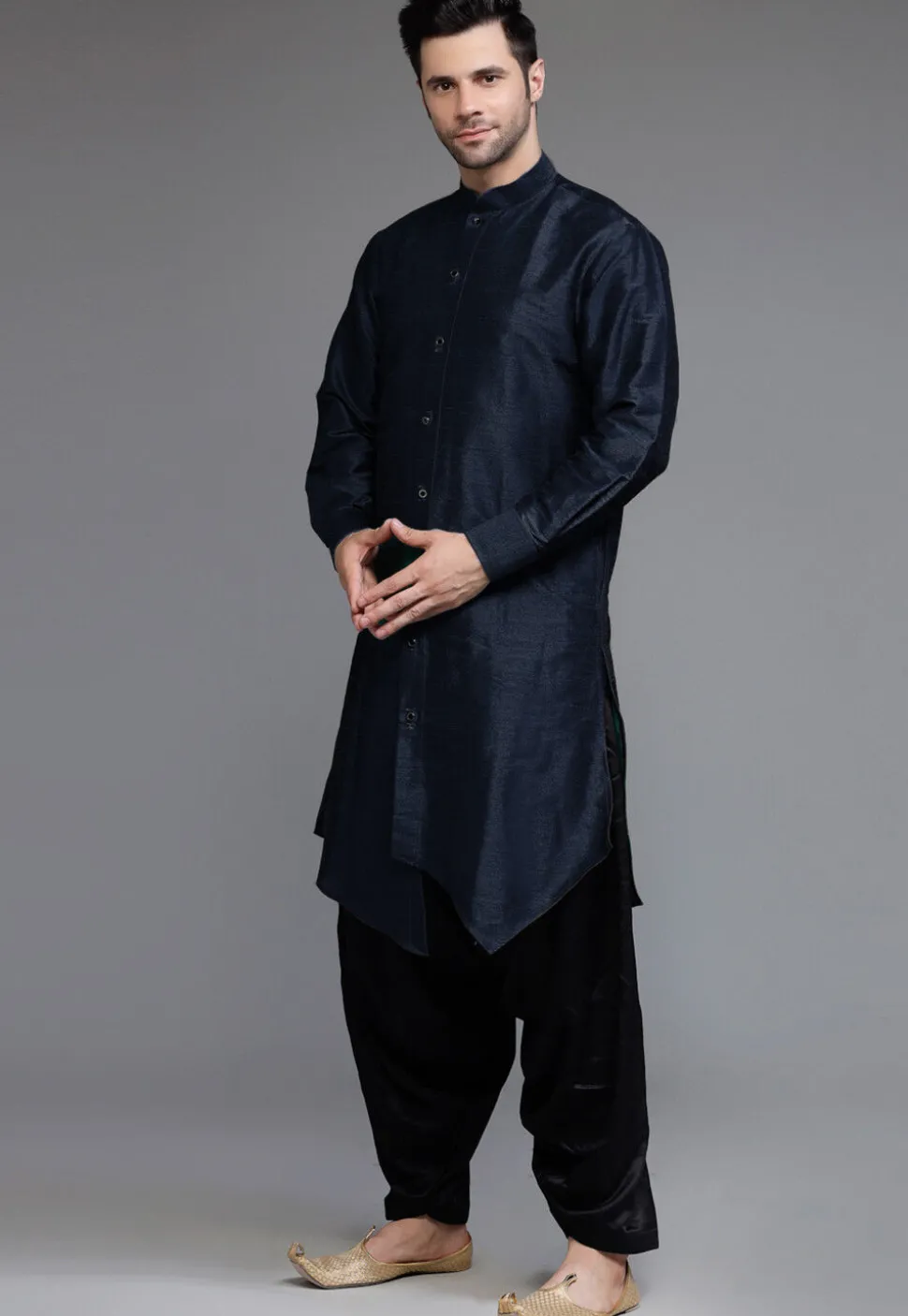 Solid Color Art Silk Asymmetric Kurta Set in Navy Blue