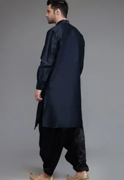 Solid Color Art Silk Asymmetric Kurta Set in Navy Blue