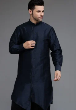 Solid Color Art Silk Asymmetric Kurta Set in Navy Blue