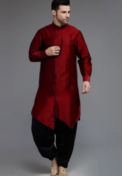 Solid Color Art Silk Asymmetric Kurta Set in Maroon