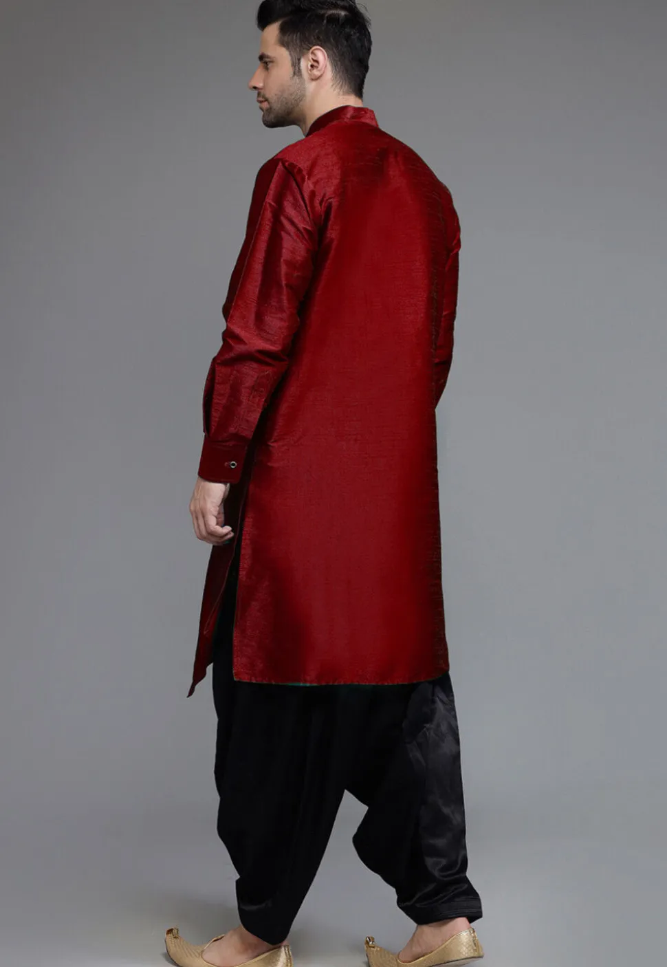 Solid Color Art Silk Asymmetric Kurta Set in Maroon