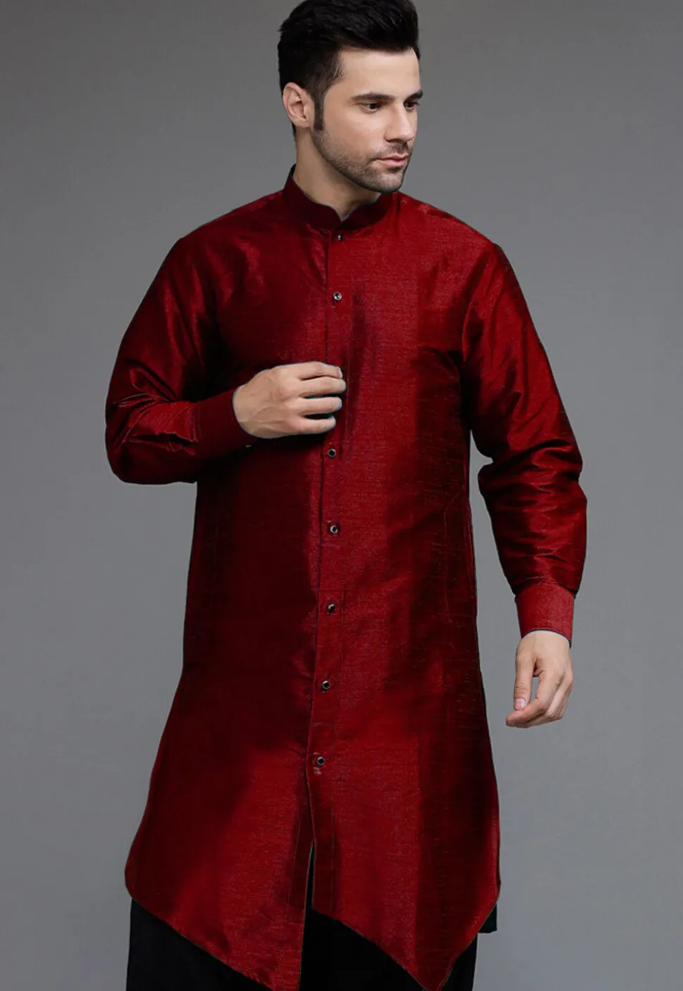 Solid Color Art Silk Asymmetric Kurta Set in Maroon