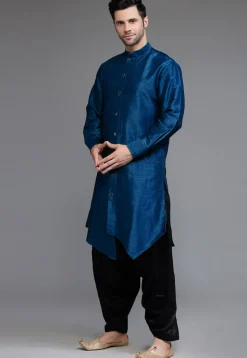Solid Color Art Silk Asymmetric Kurta Set in Teal Blue