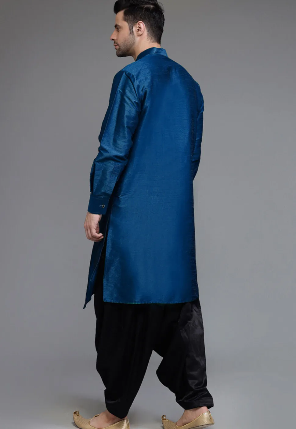 Solid Color Art Silk Asymmetric Kurta Set in Teal Blue
