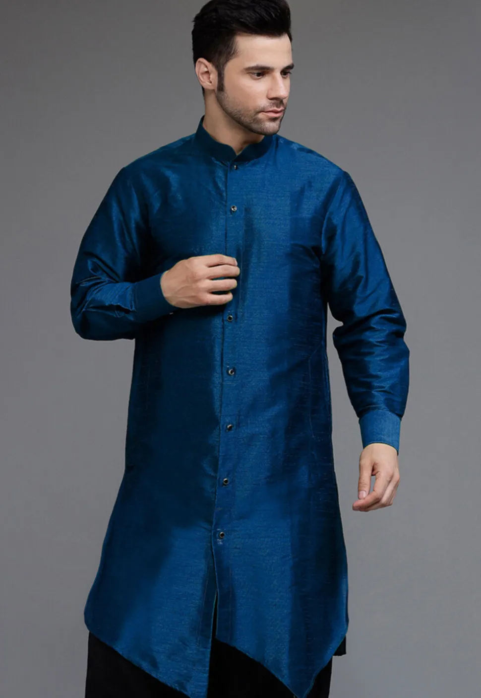 Solid Color Art Silk Asymmetric Kurta Set in Teal Blue