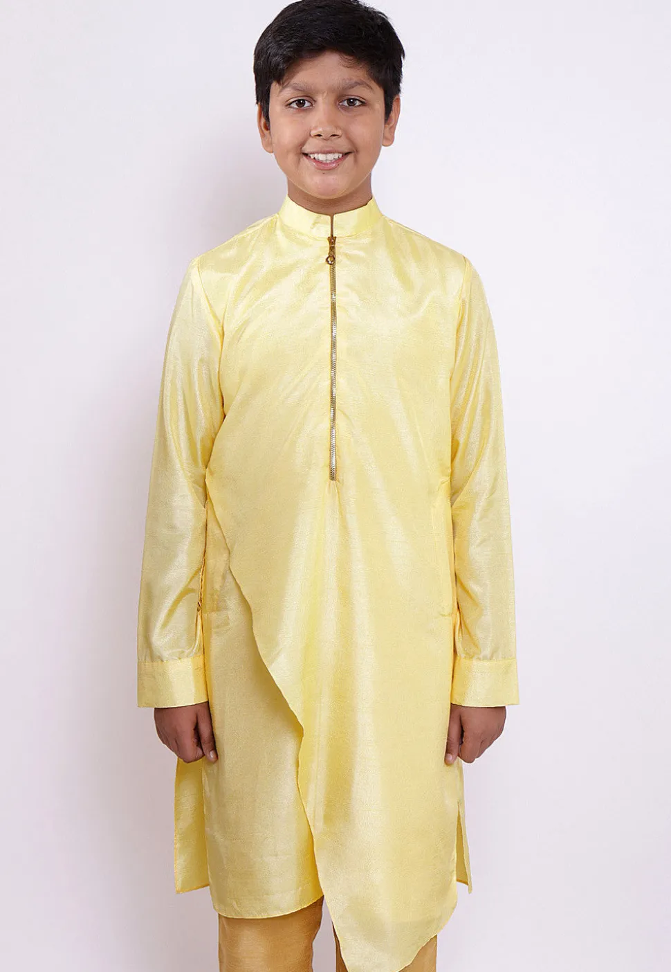 Solid Color Art Silk Asymmetric Kurta in Light Yellow