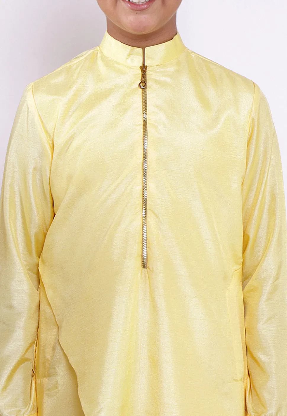 Solid Color Art Silk Asymmetric Kurta in Light Yellow