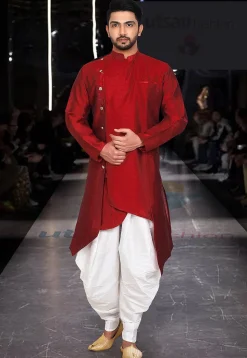 Solid Color Art Silk Asymmetric Kurta Set in Red