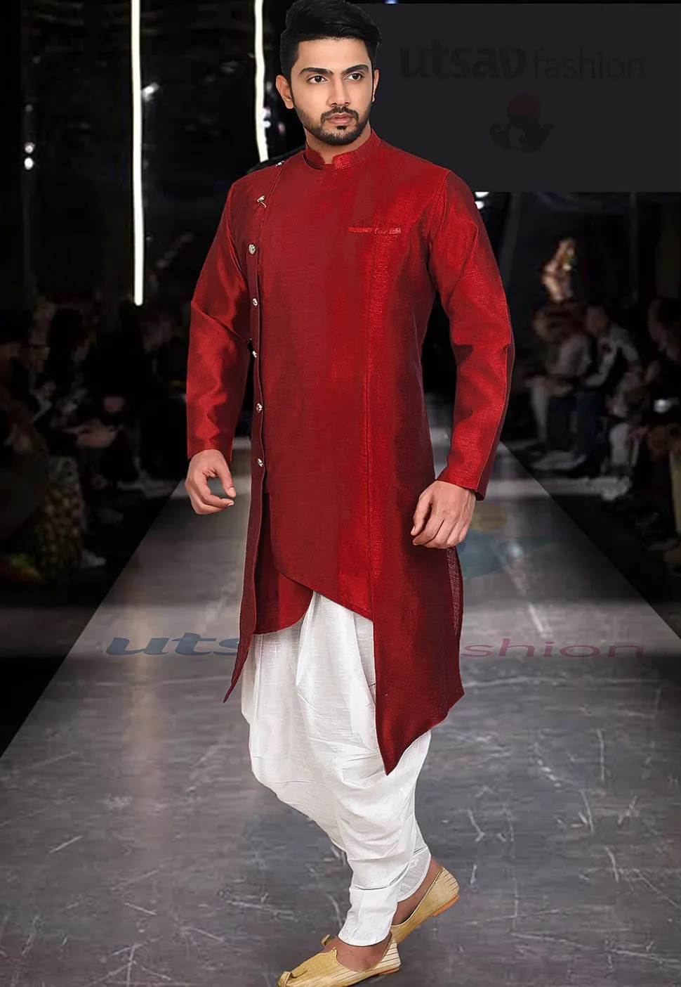 Solid Color Art Silk Asymmetric Kurta Set in Red
