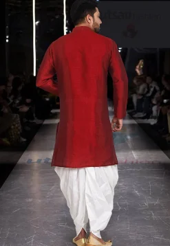 Solid Color Art Silk Asymmetric Kurta Set in Red