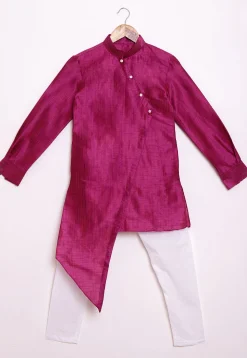 Solid Color Art Silk Asymmetric Kurta Set in Magenta