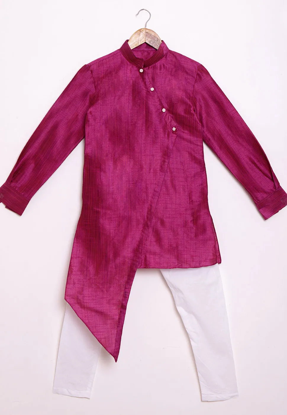 Solid Color Art Silk Asymmetric Kurta Set in Magenta