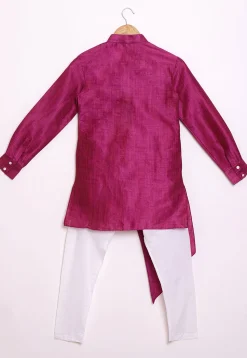 Solid Color Art Silk Asymmetric Kurta Set in Magenta