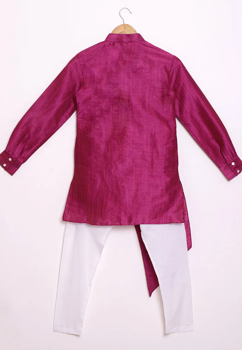Solid Color Art Silk Asymmetric Kurta Set in Magenta