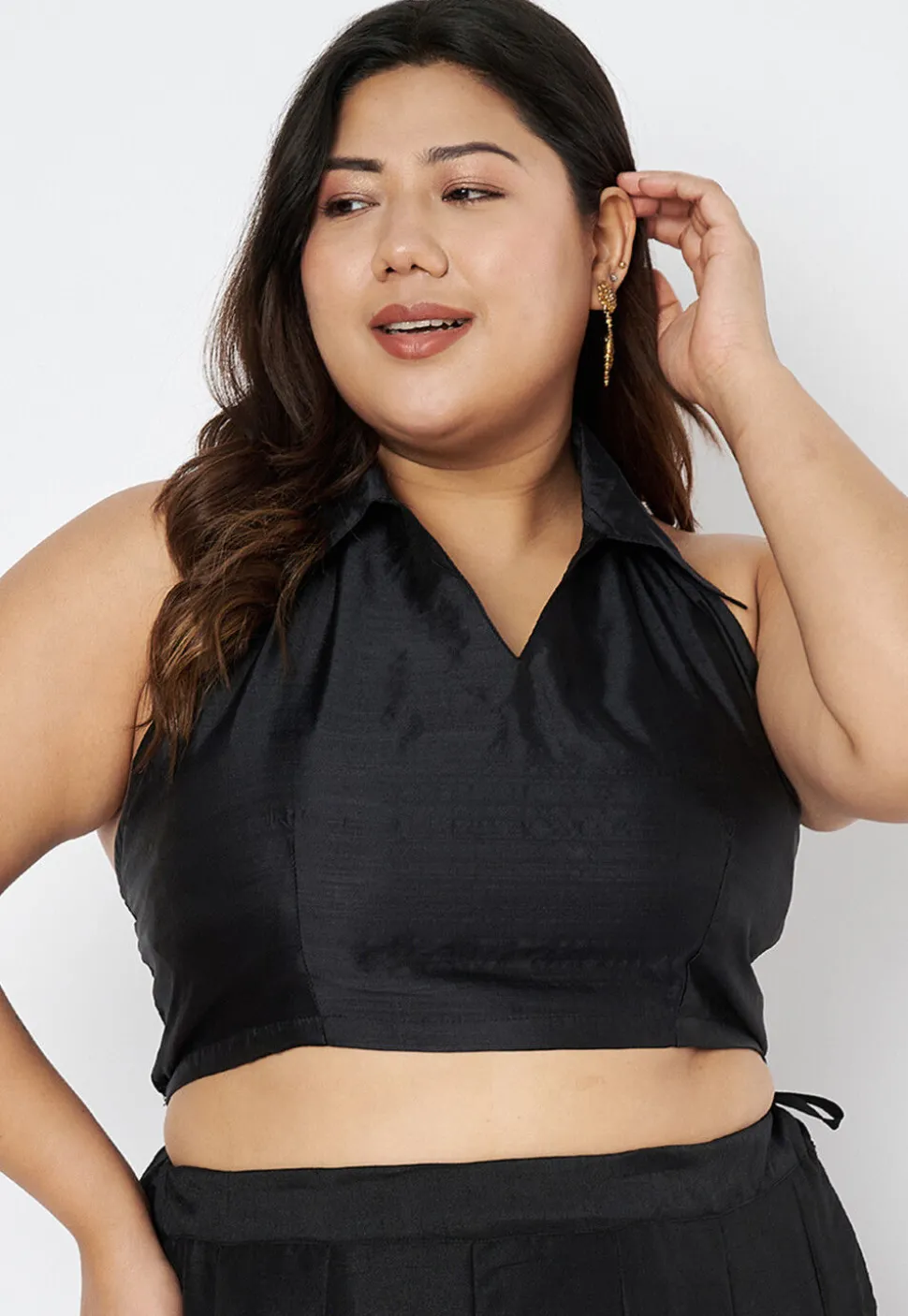 Solid Color Art Silk Blouse in Black