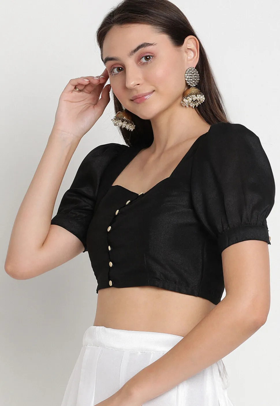 Solid Color Art Silk Blouse in Black