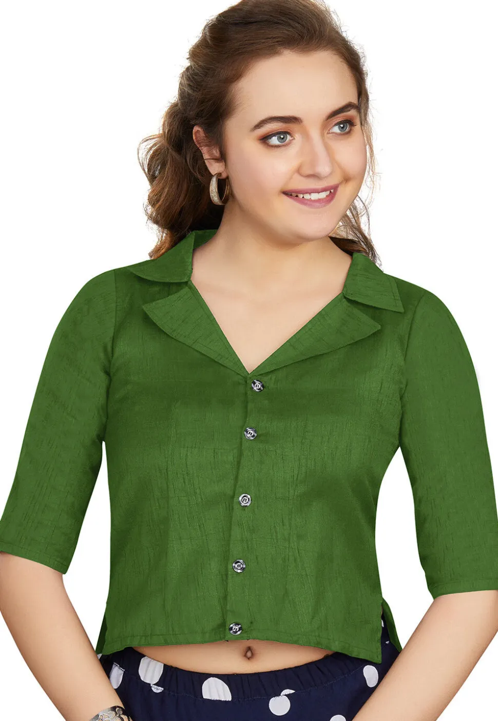Solid Color Art Silk Blouse in Olive Green