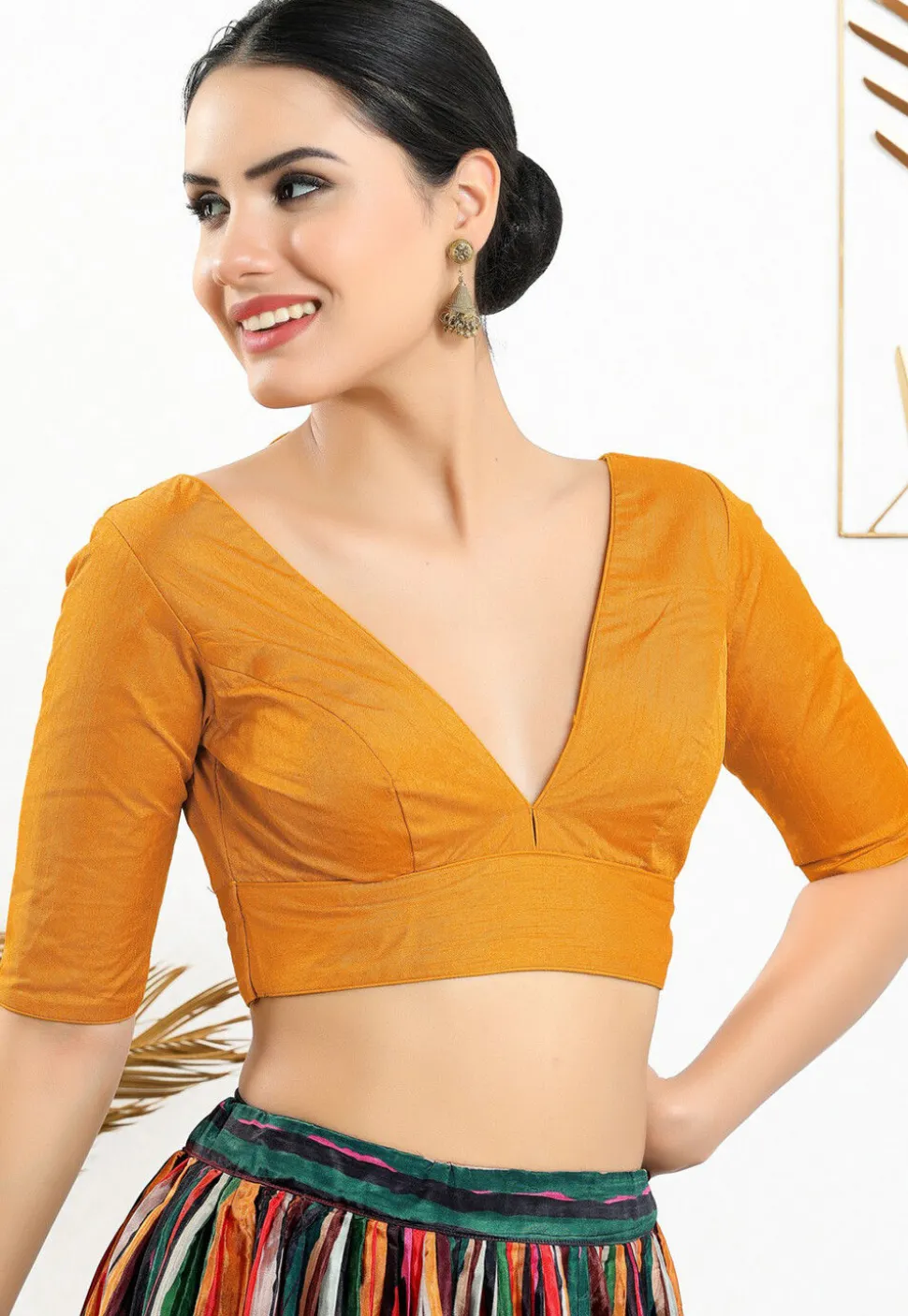 Solid Color Art Silk Blouse in Mustard