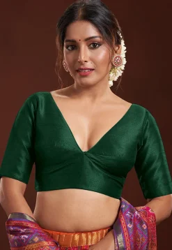 Solid Color Art Silk Blouse in Dark Green