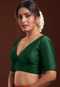 Solid Color Art Silk Blouse in Dark Green