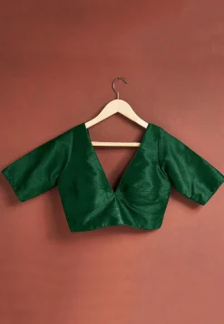 Solid Color Art Silk Blouse in Dark Green