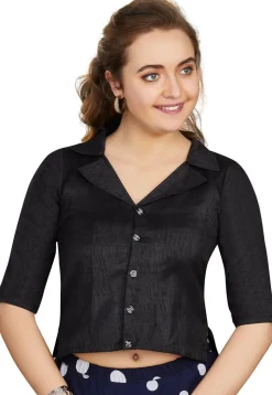 Solid Color Art Silk Blouse in Black