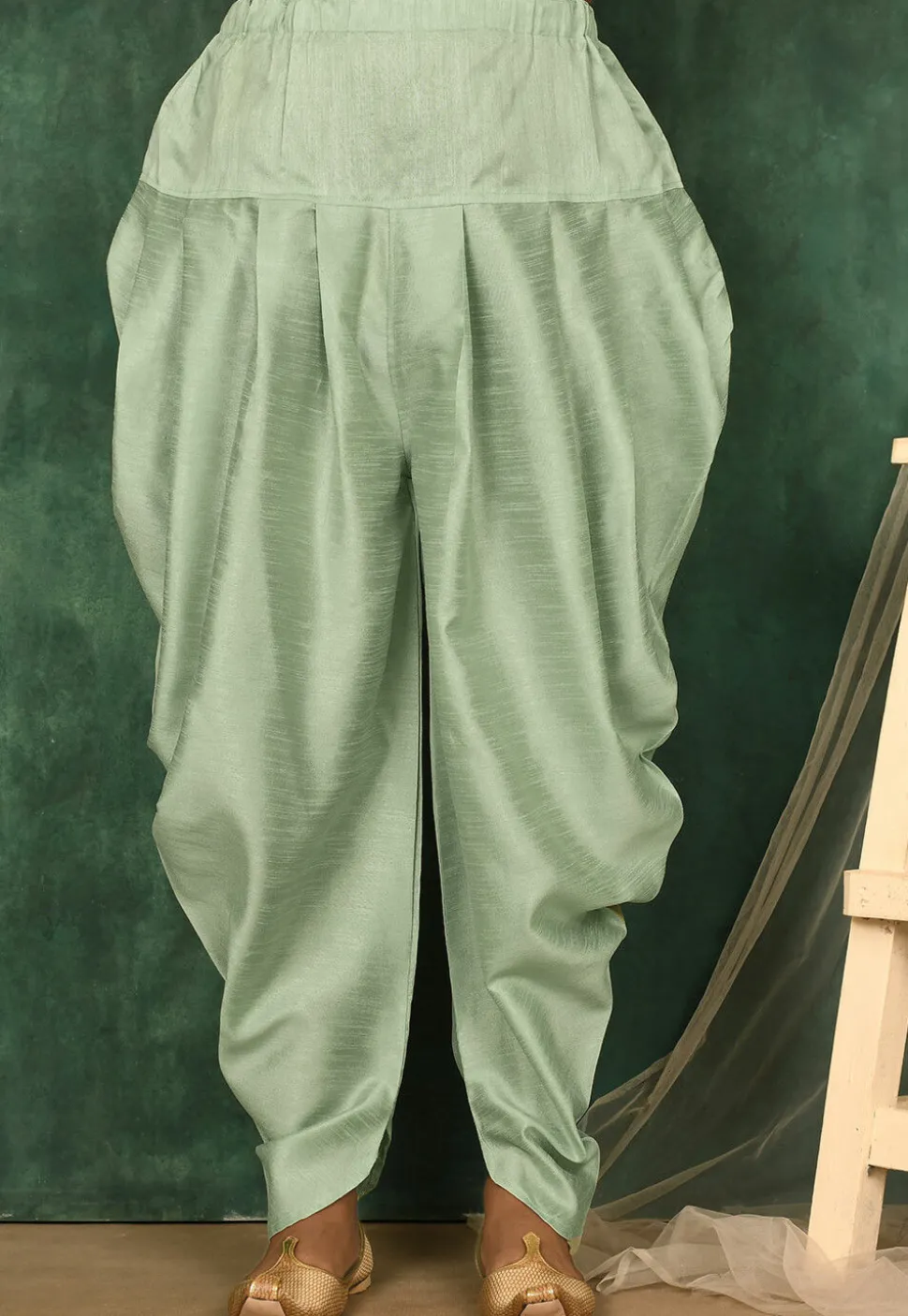 Solid Color Art Silk Dhoti Pant in Pastel Green