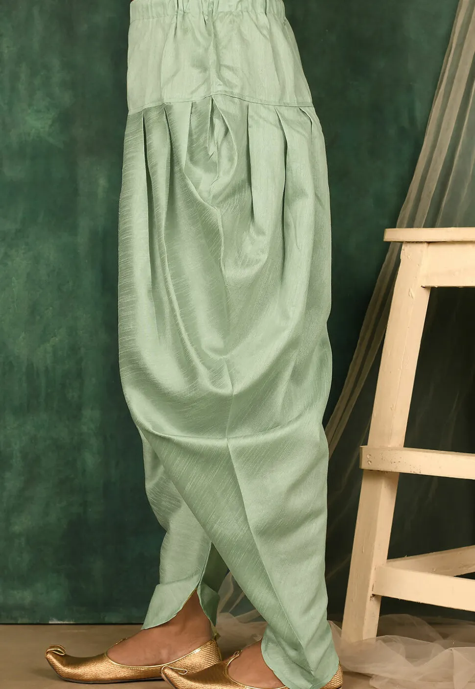 Solid Color Art Silk Dhoti Pant in Pastel Green