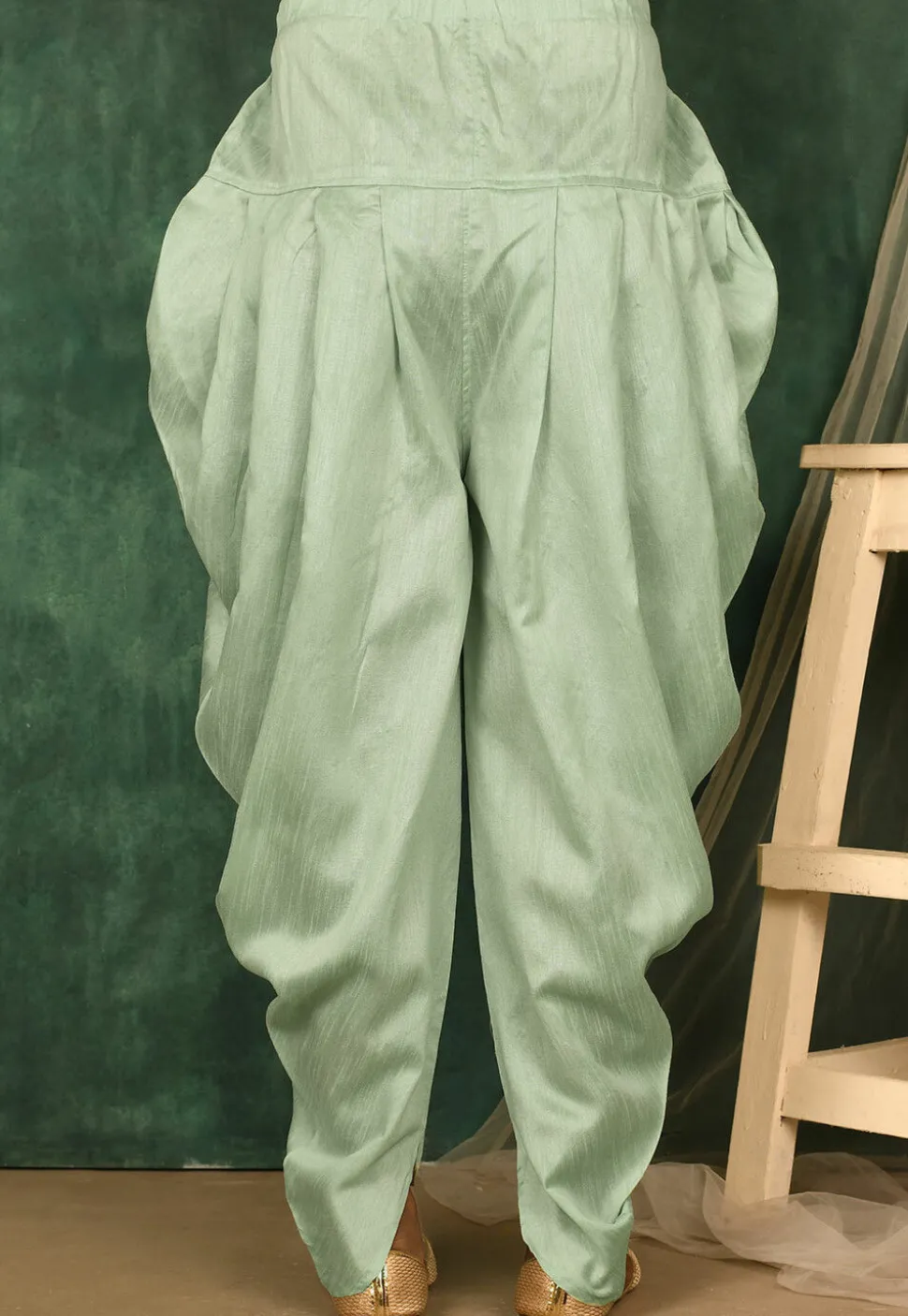 Solid Color Art Silk Dhoti Pant in Pastel Green