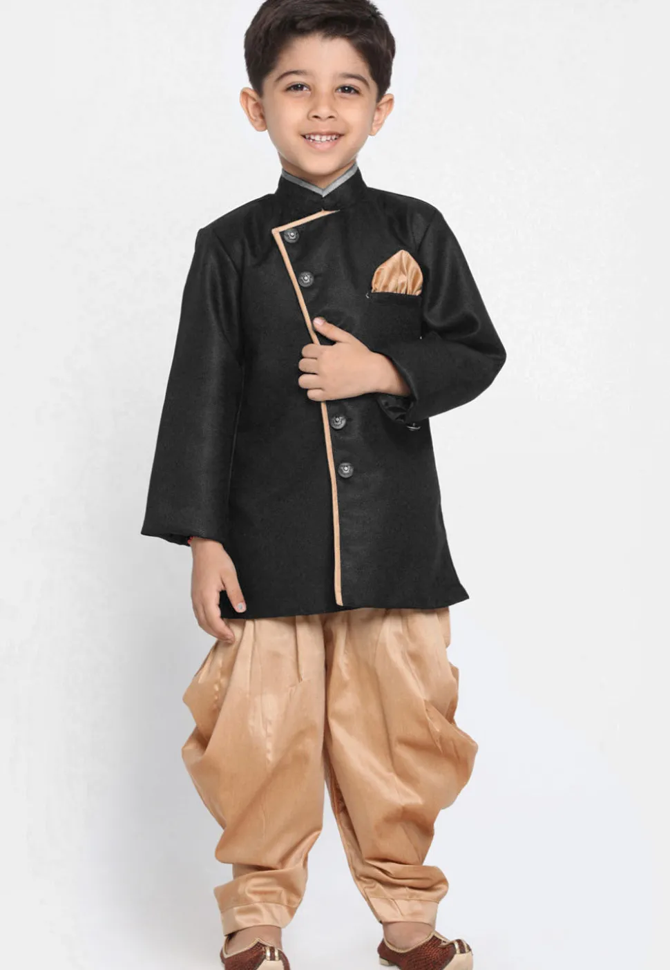 Solid Color Art Silk Dhoti Sherwani in Black