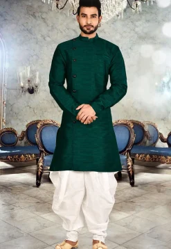 Solid Color Art Silk Dhoti Kurta in Teal Green