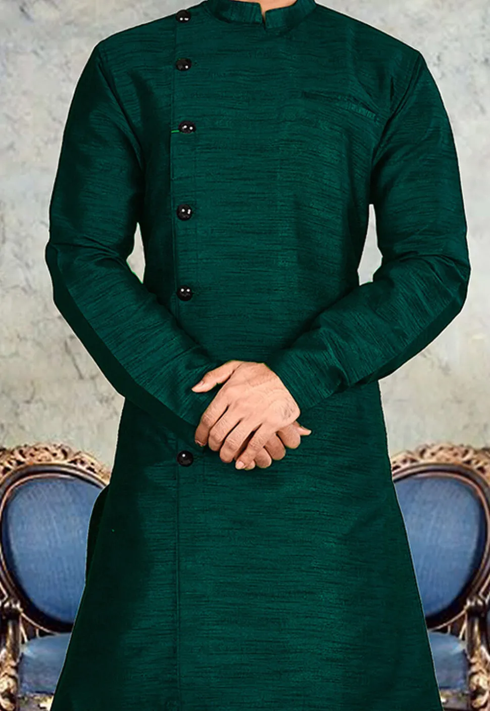 Solid Color Art Silk Dhoti Kurta in Teal Green