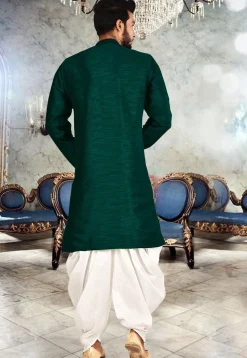 Solid Color Art Silk Dhoti Kurta in Teal Green