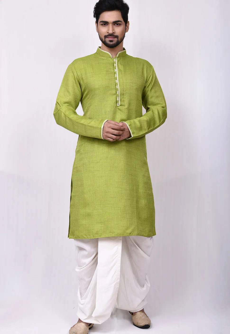 Solid Color Art Silk Dhoti Kurta in Light Green
