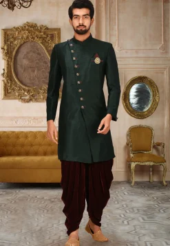 Solid Color Art Silk Dhoti Kurta in Dark Green