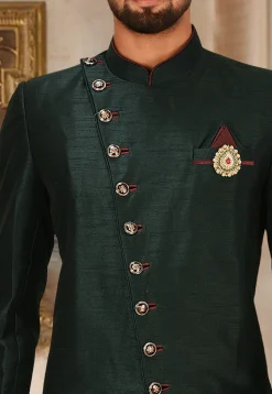 Solid Color Art Silk Dhoti Kurta in Dark Green