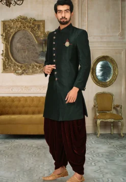 Solid Color Art Silk Dhoti Kurta in Dark Green